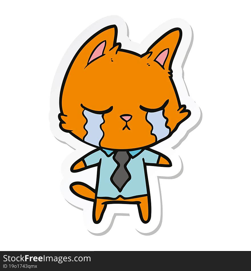 sticker of a crying cartoon office worker cat