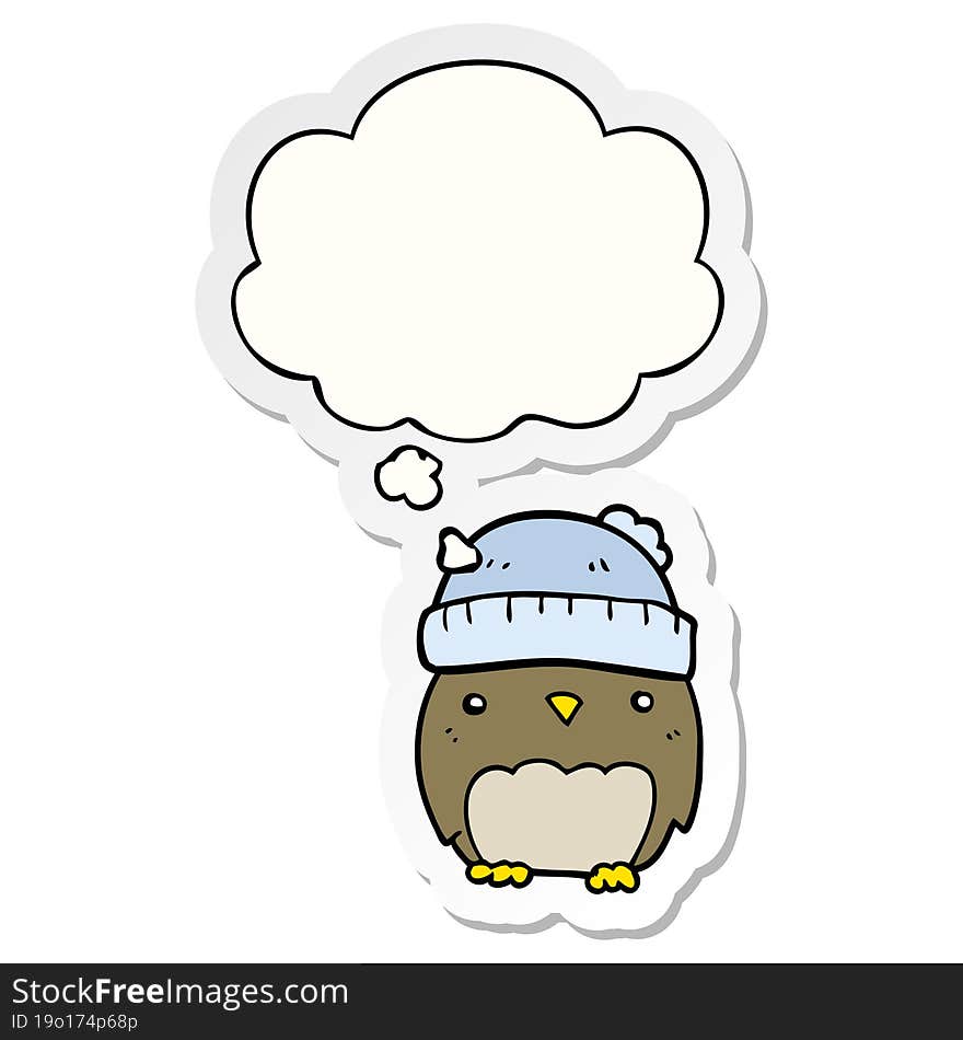 Cute Cartoon Owl In Hat And Thought Bubble As A Printed Sticker