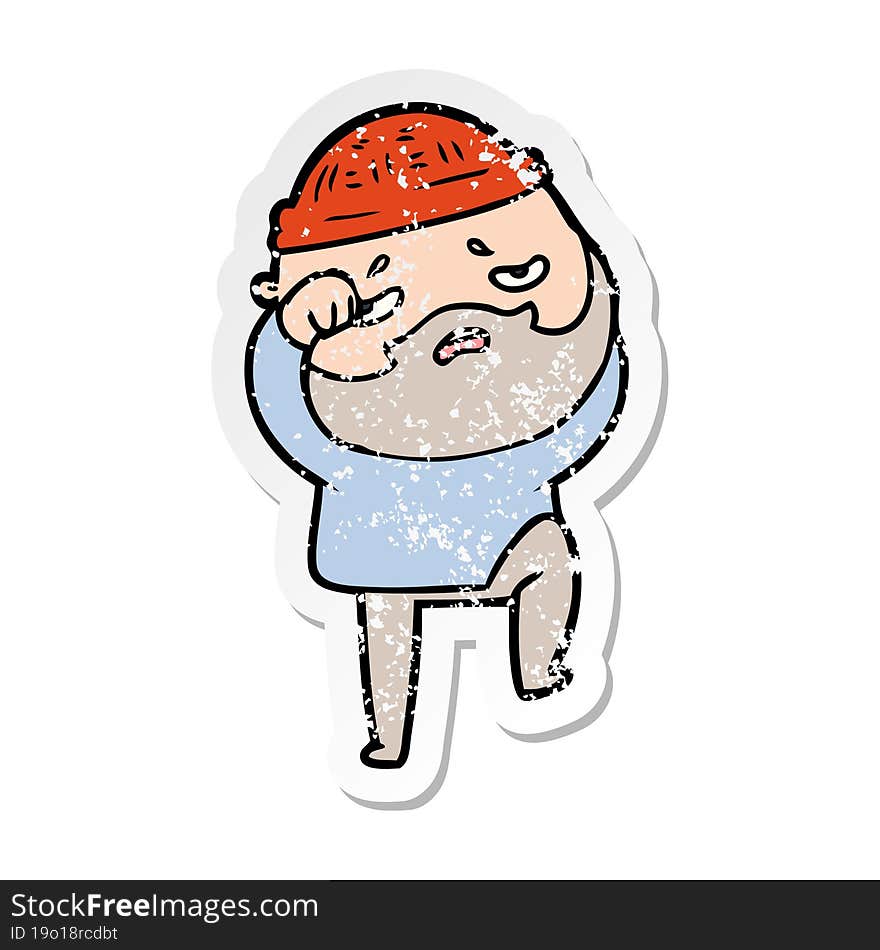 distressed sticker of a cartoon worried man with beard