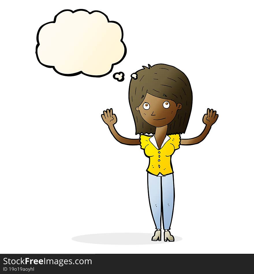 cartoon woman holding up hands with thought bubble