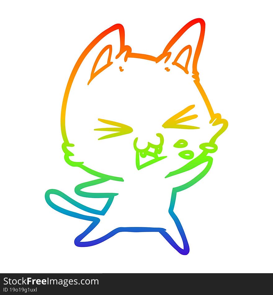 rainbow gradient line drawing of a cartoon cat hissing