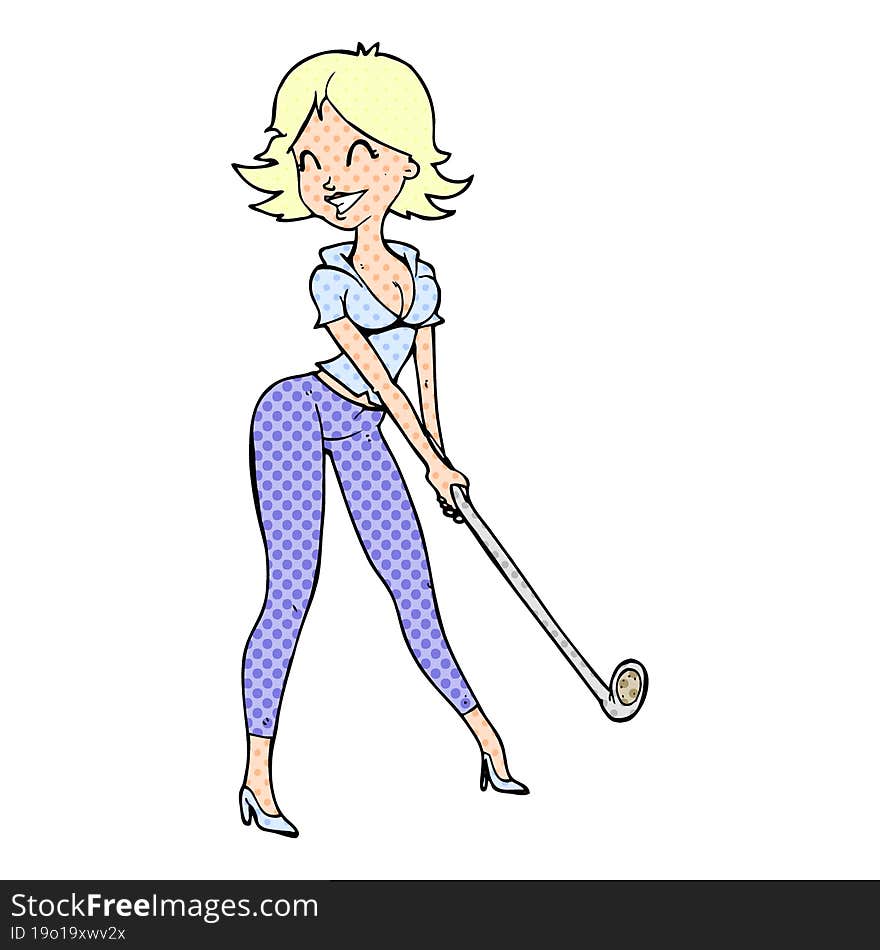 Cartoon Woman Playing Golf