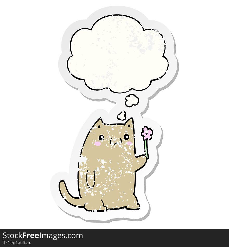 cute cartoon cat with flower and thought bubble as a distressed worn sticker