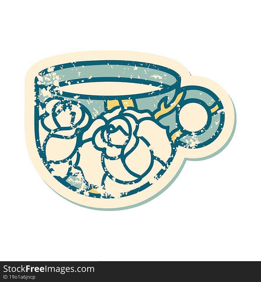 distressed sticker tattoo style icon of a cup and flowers