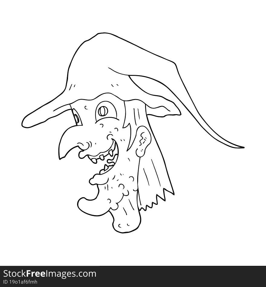 freehand drawn black and white cartoon cackling witch