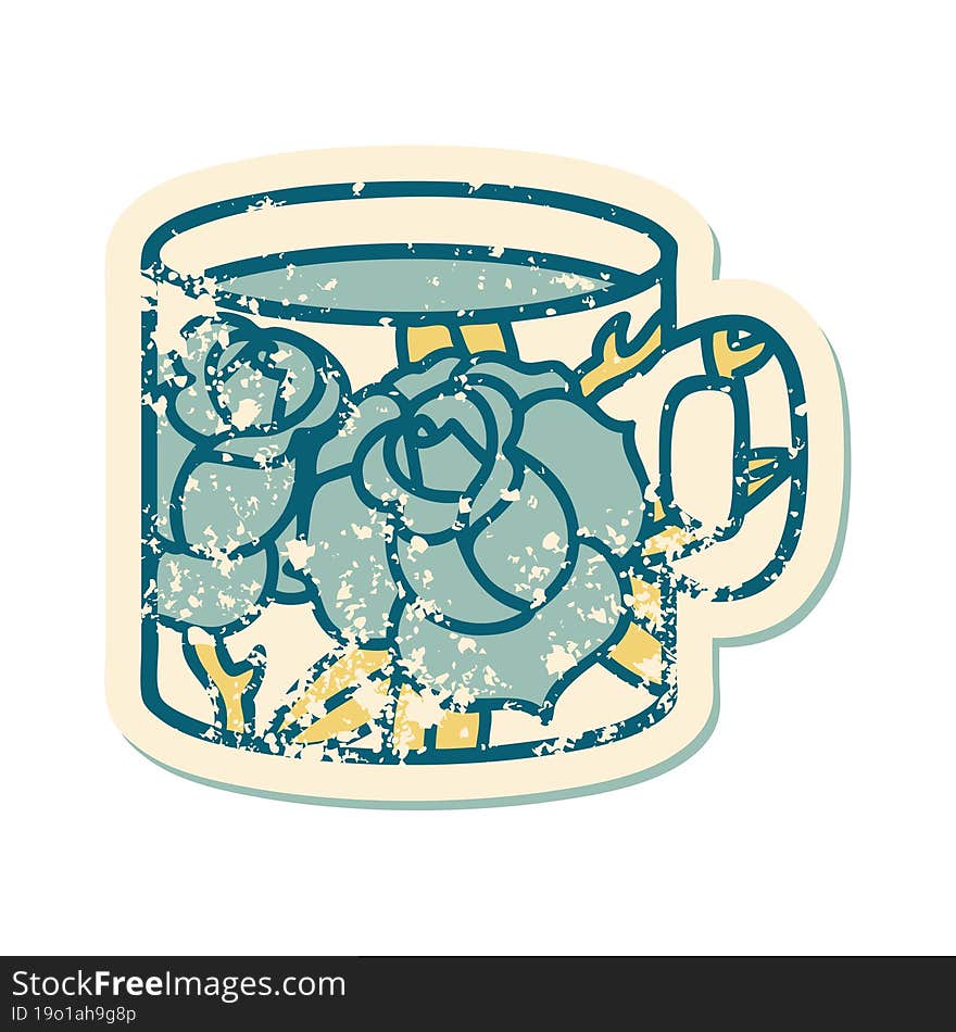 distressed sticker tattoo style icon of a cup and flowers