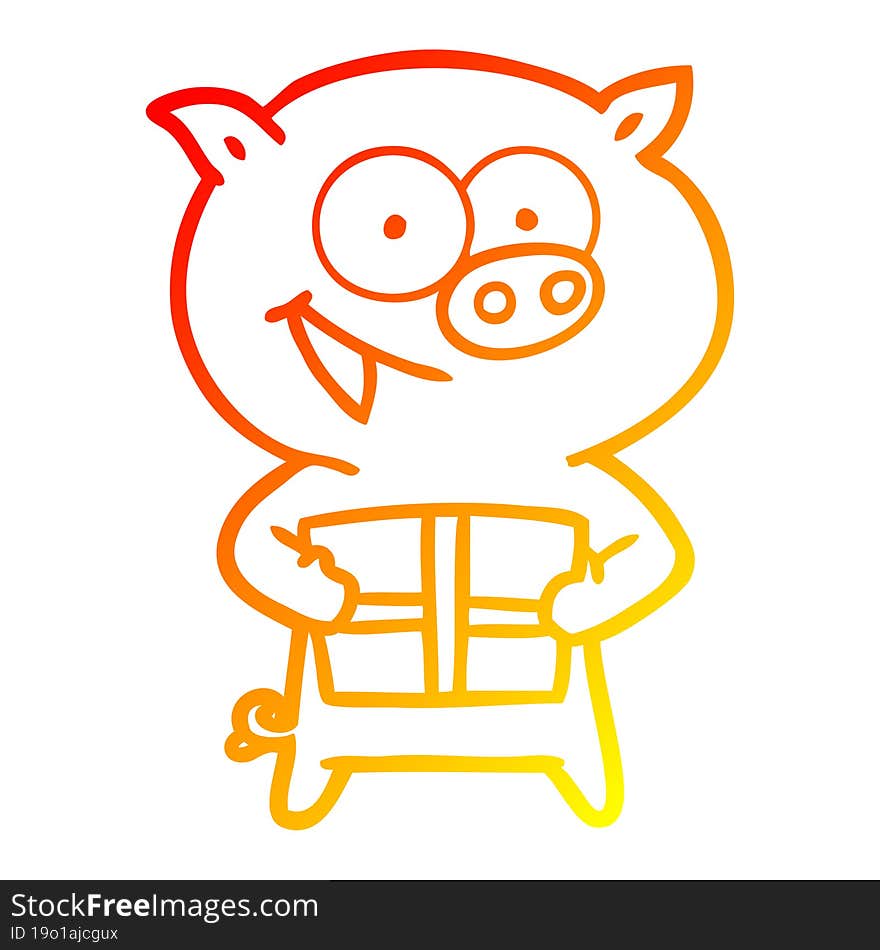 warm gradient line drawing of a cheerful pig with christmas gift