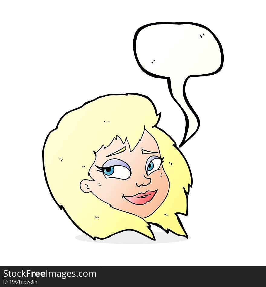 cartoon happy female face with speech bubble