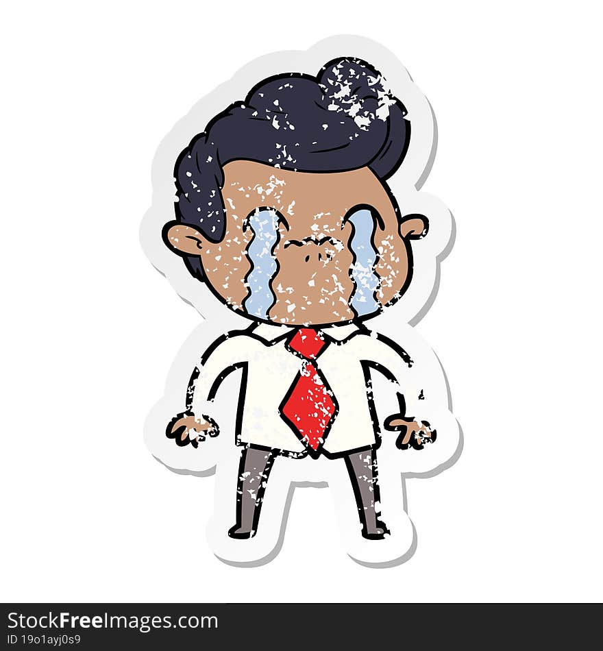 distressed sticker of a cartoon man crying