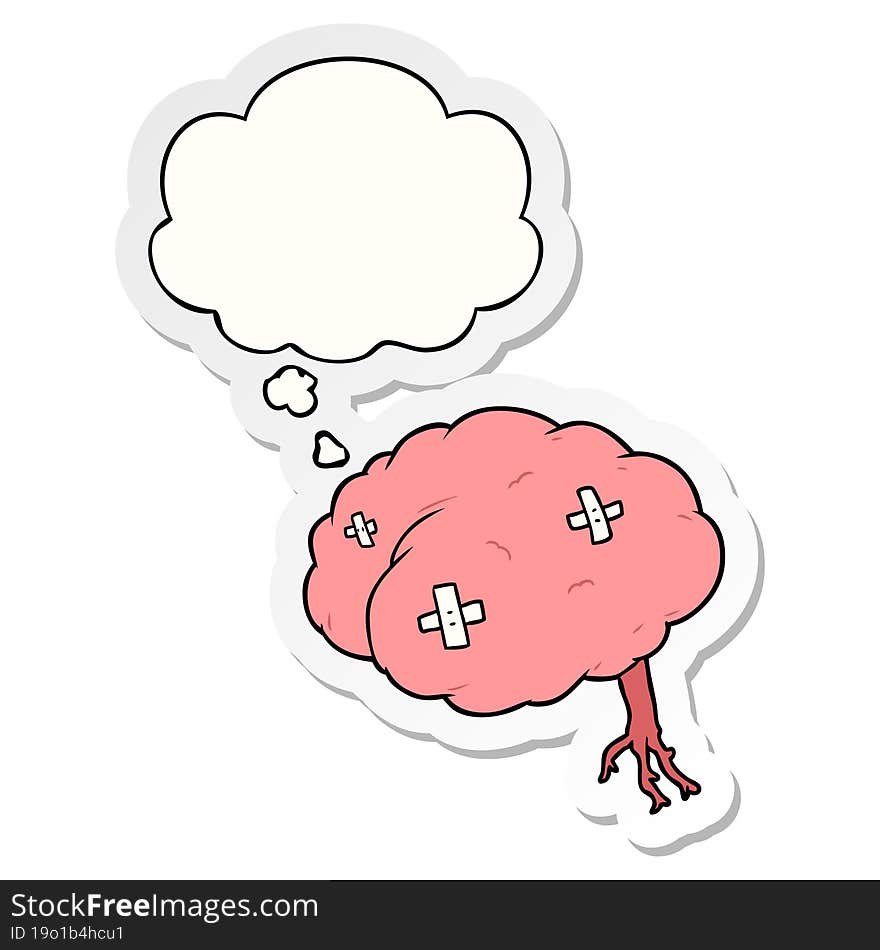 cartoon injured brain with thought bubble as a printed sticker