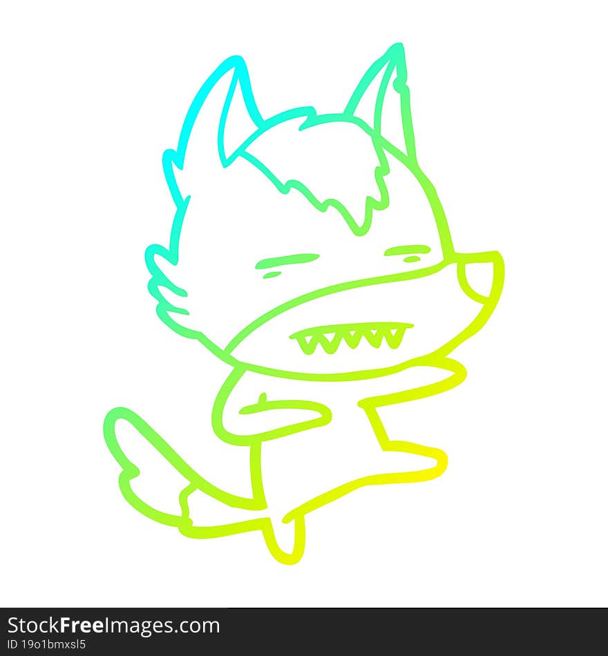 cold gradient line drawing of a cartoon wolf kicking