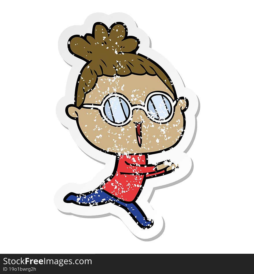 distressed sticker of a cartoon woman wearing spectacles