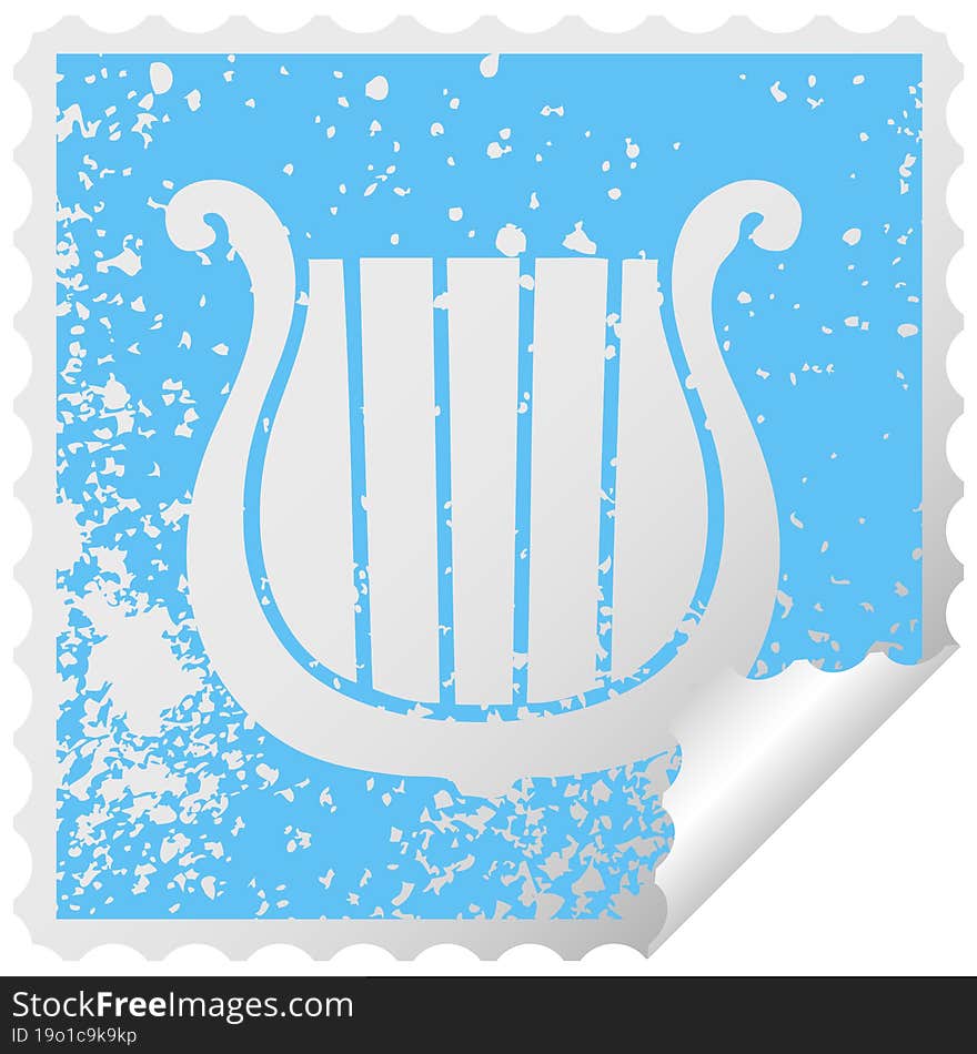 distressed square peeling sticker symbol of a golden harp