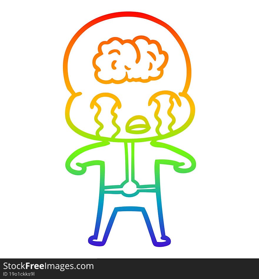 rainbow gradient line drawing of a cartoon big brain alien crying