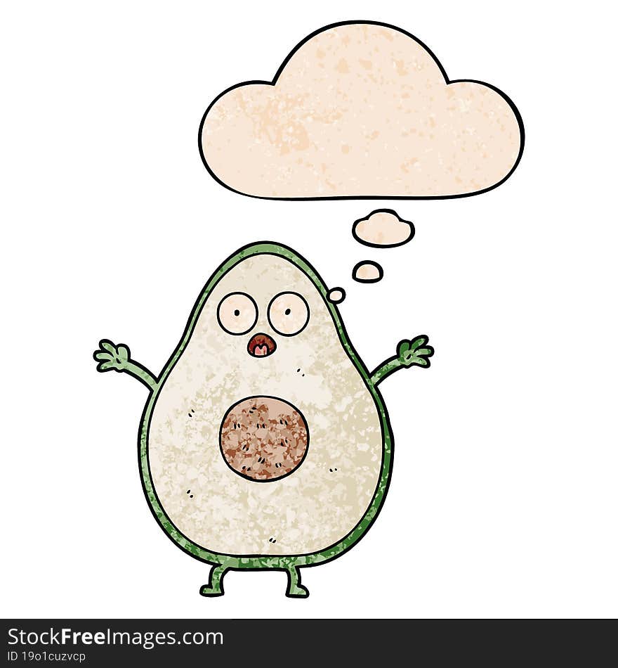 cartoon avocado and thought bubble in grunge texture pattern style