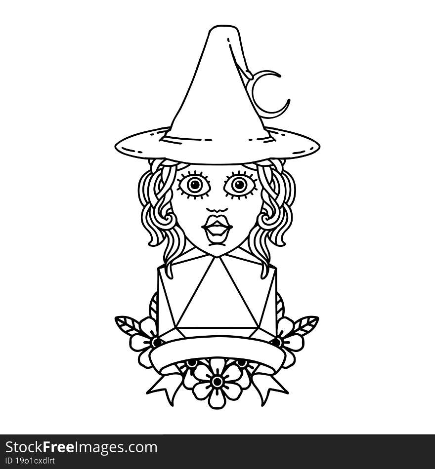 human witch with natural twenty dice roll illustration