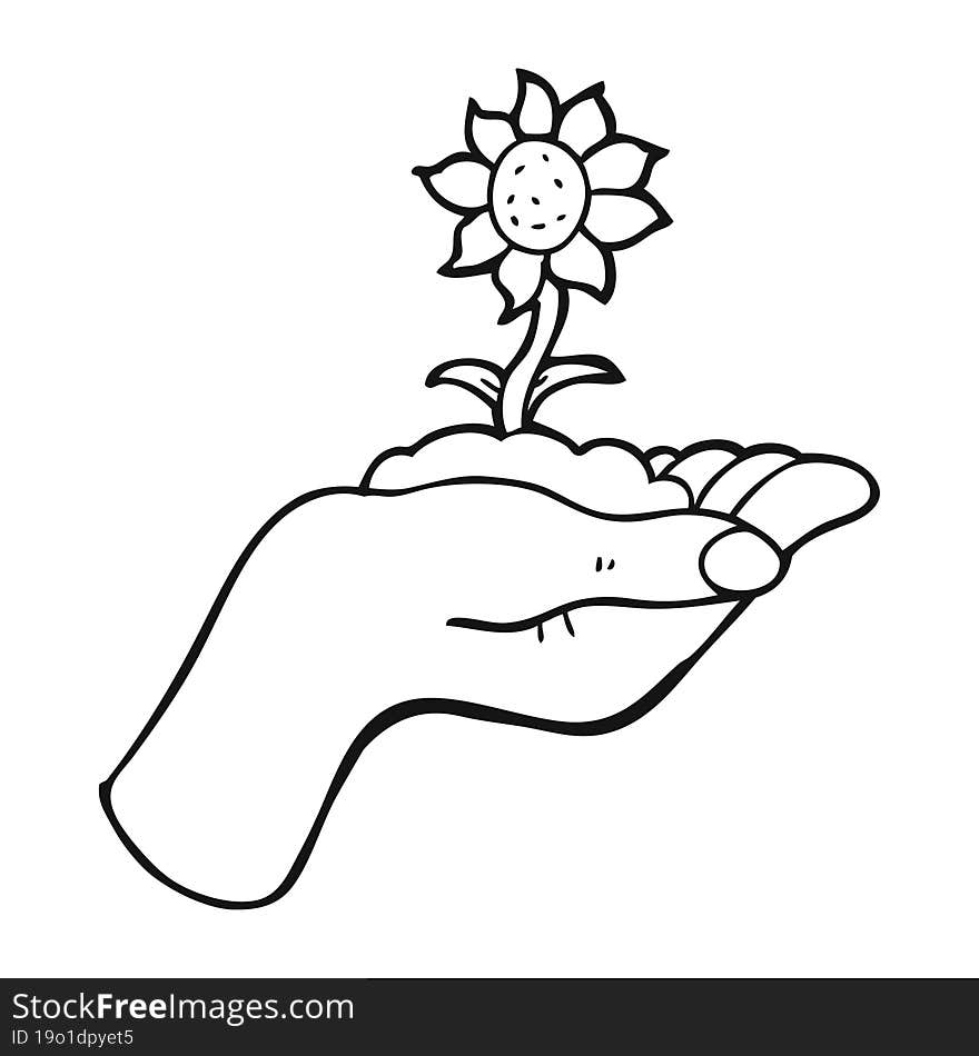 black and white cartoon flower growing in palm of hand