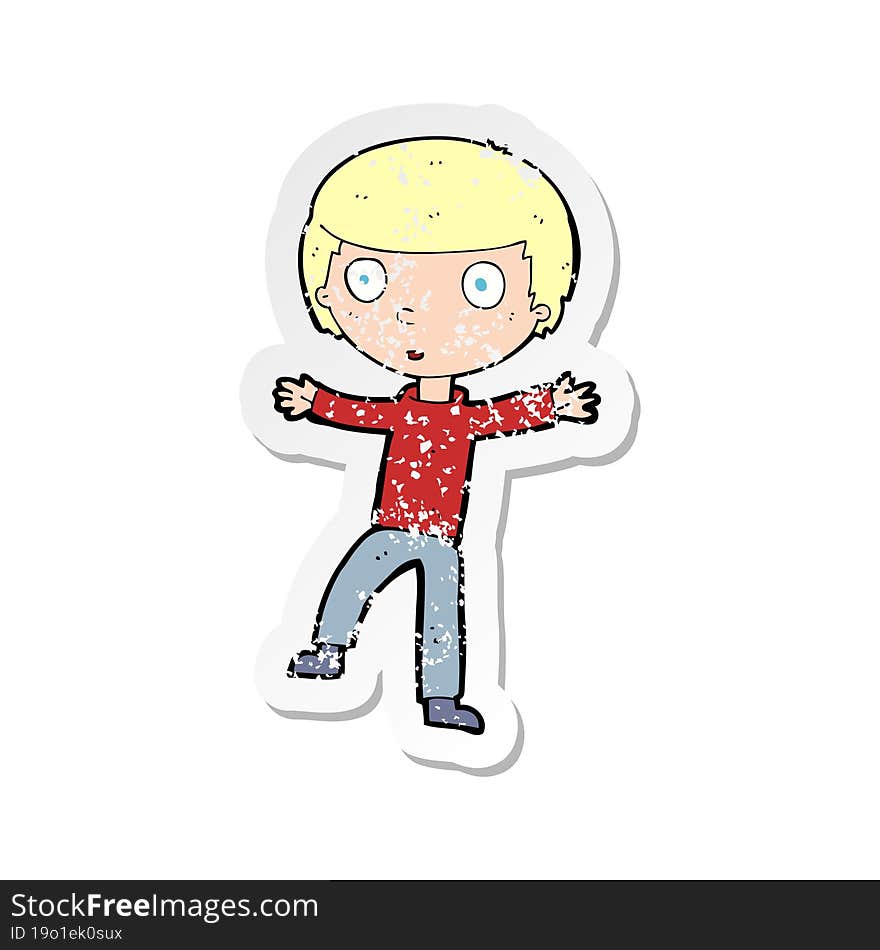 retro distressed sticker of a cartoon startled boy