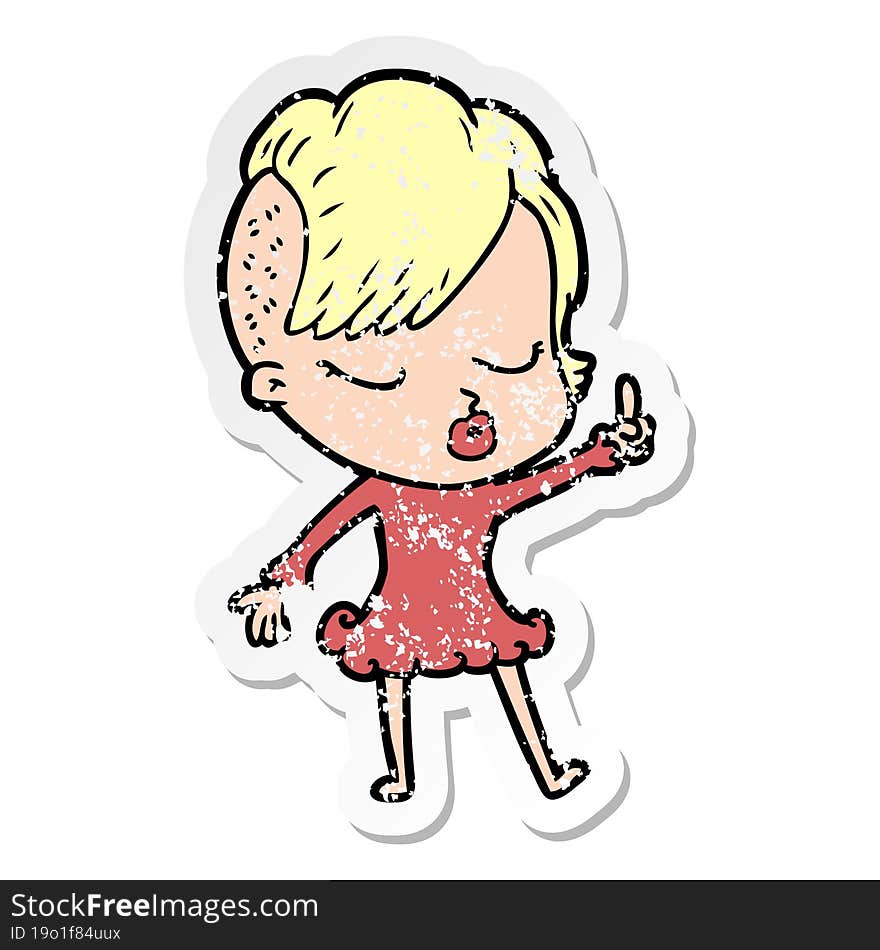 distressed sticker of a cartoon pretty hipster girl