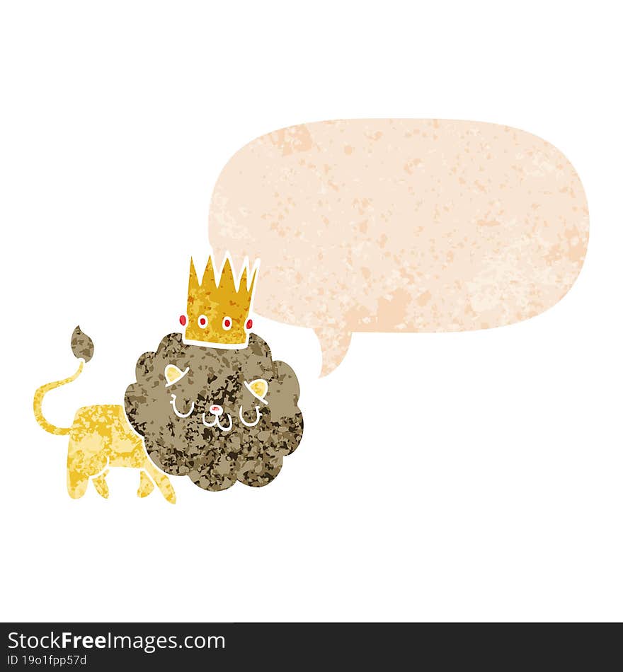 cartoon lion with crown and speech bubble in retro textured style