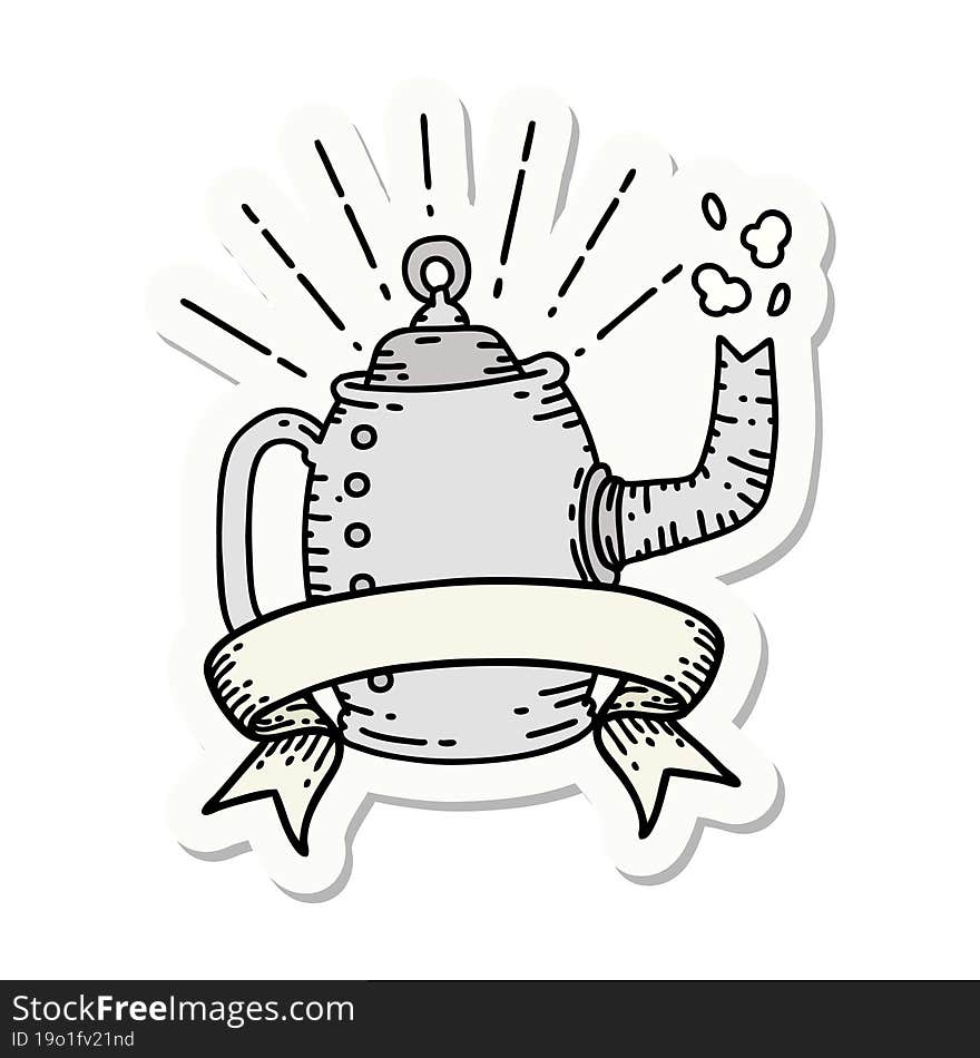 sticker of tattoo style old coffee pot steaming