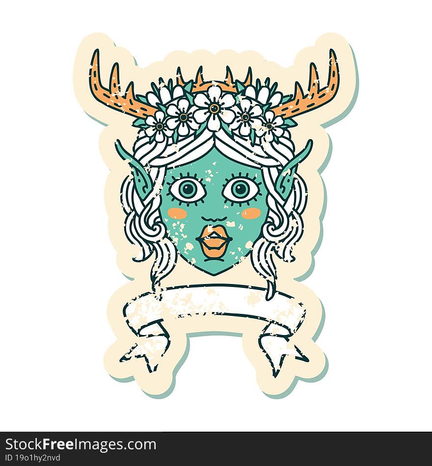 Retro Tattoo Style elf druid character face with banner. Retro Tattoo Style elf druid character face with banner