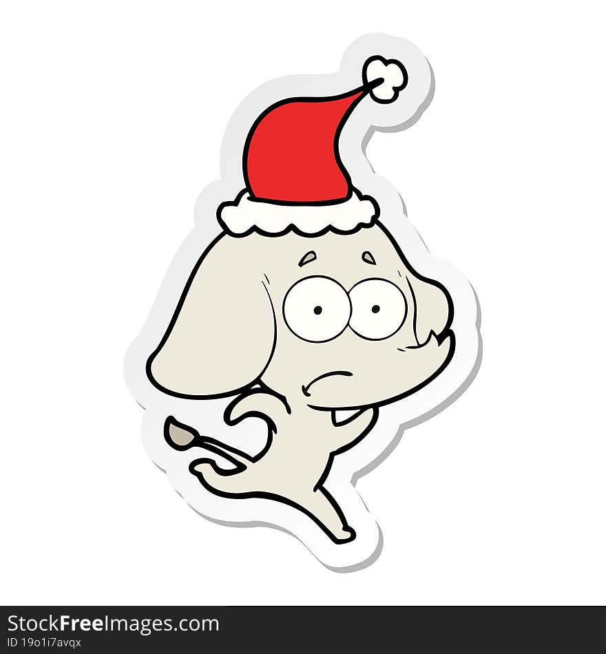 sticker cartoon of a unsure elephant running away wearing santa hat