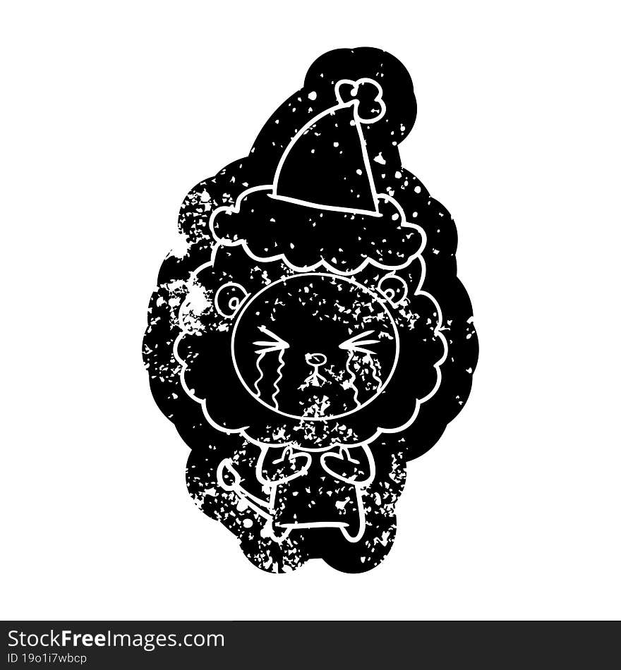 cartoon distressed icon of a crying lion wearing santa hat