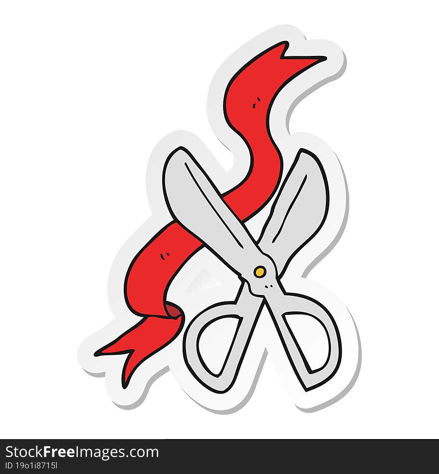 sticker of a cartoon scissors cutting ribbon