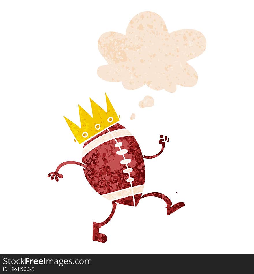 football with crown cartoon  and thought bubble in retro textured style