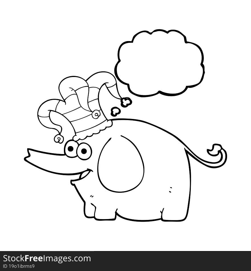 freehand drawn thought bubble cartoon elephant wearing circus hat