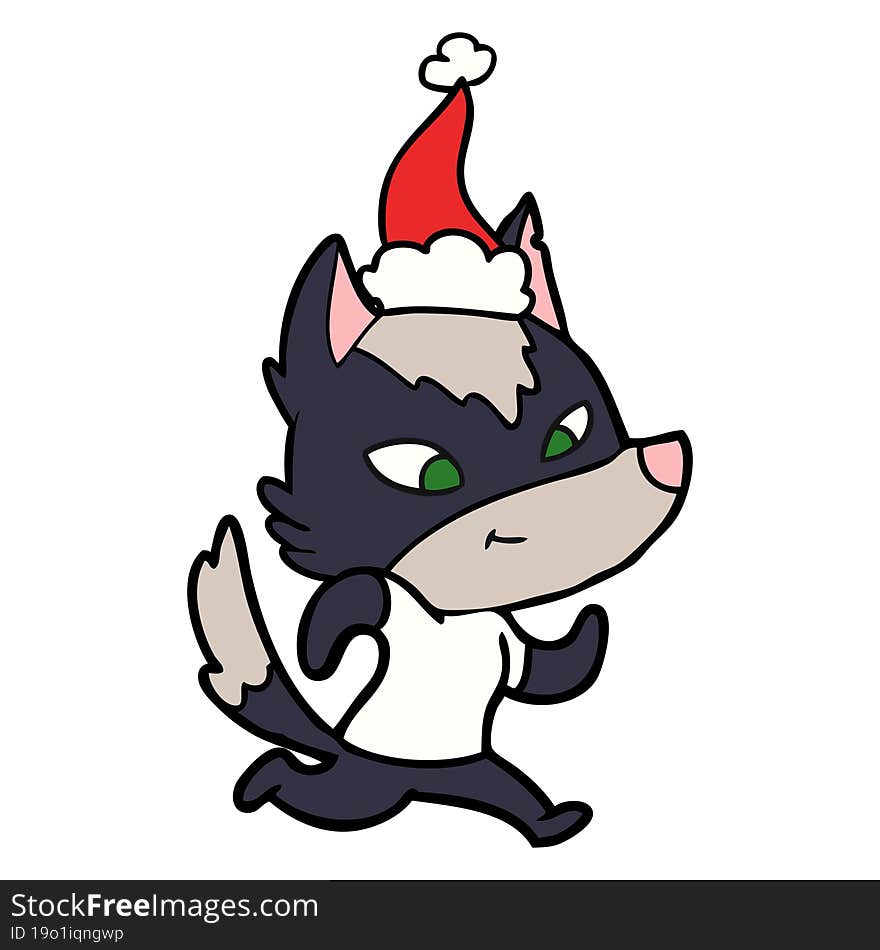 friendly line drawing of a wolf wearing santa hat