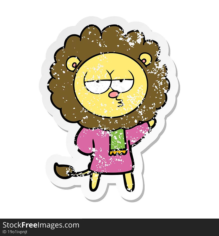 distressed sticker of a cartoon bored lion