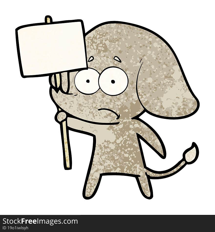 cartoon unsure elephant with protest sign. cartoon unsure elephant with protest sign