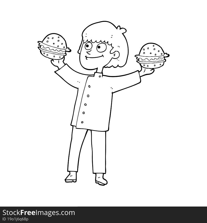 Black And White Cartoon Chef With Burgers