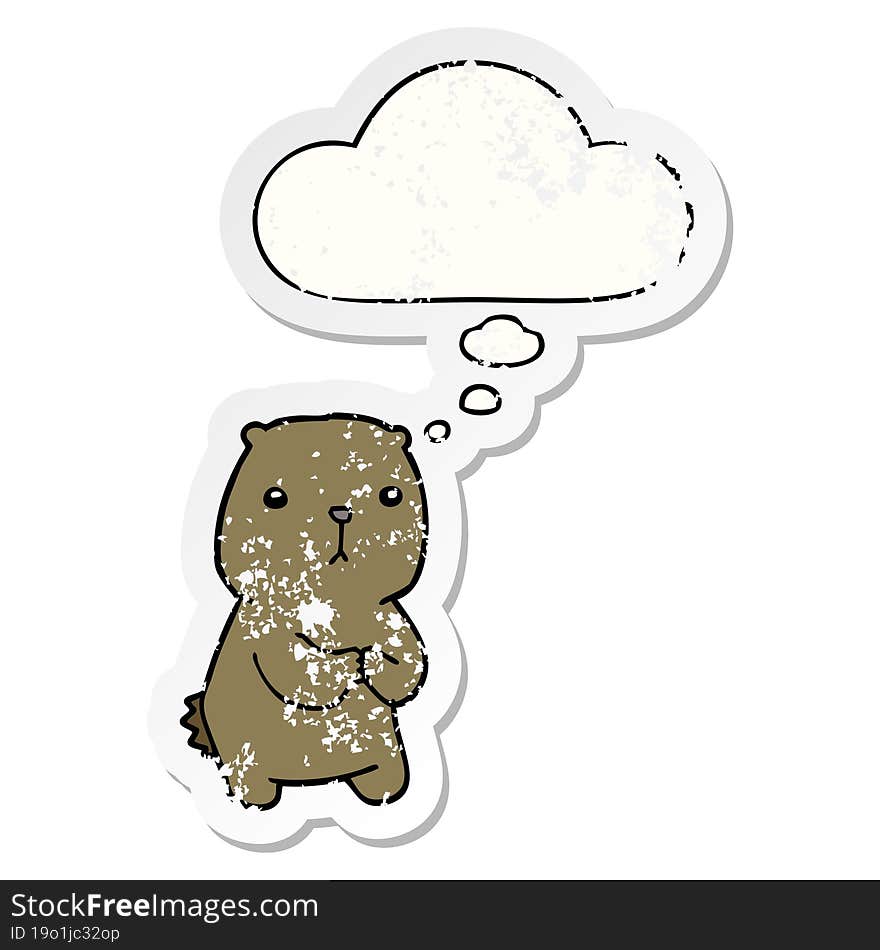 cartoon worried bear and thought bubble as a distressed worn sticker