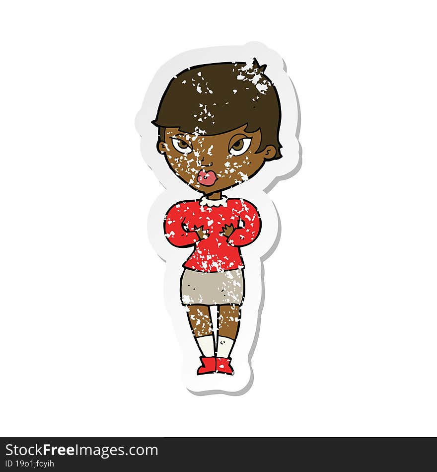 retro distressed sticker of a cartoon woman gesturing at self