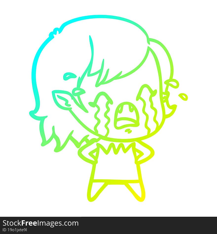 cold gradient line drawing cartoon crying vampire girl