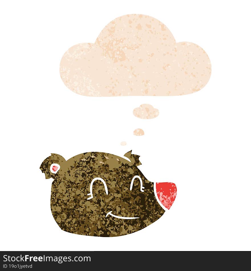 cartoon happy bear face and thought bubble in retro textured style