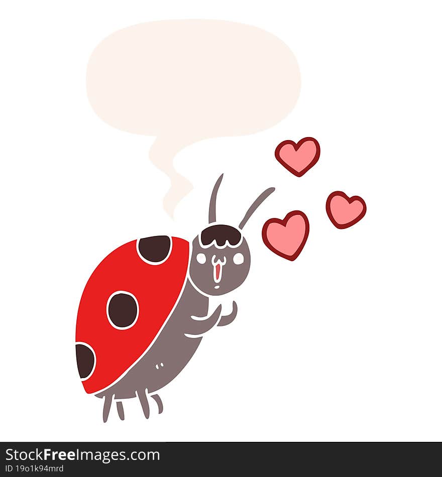 cute cartoon ladybug in love with speech bubble in retro style