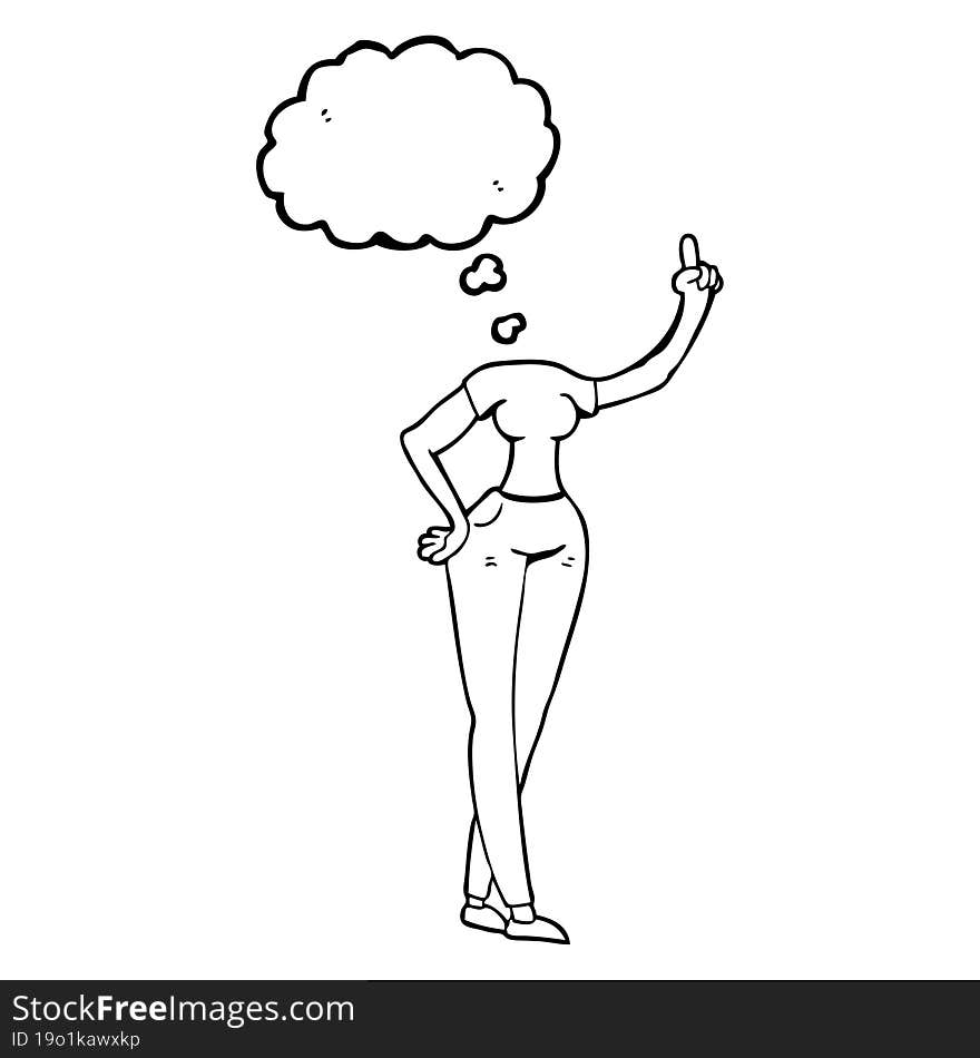 freehand drawn thought bubble cartoon female body with raised hand