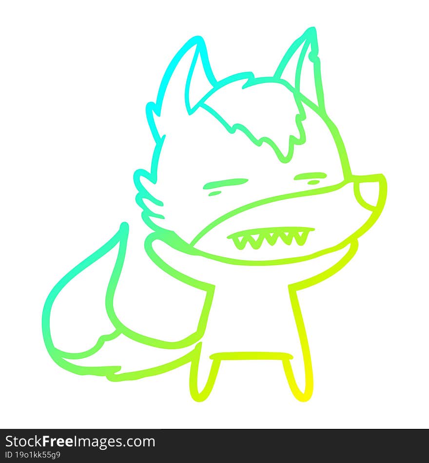 cold gradient line drawing cartoon wolf showing teeth