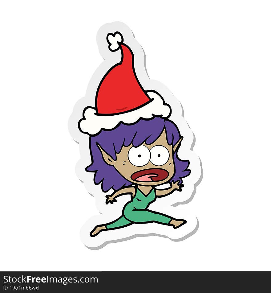 sticker cartoon of a shocked elf girl wearing santa hat