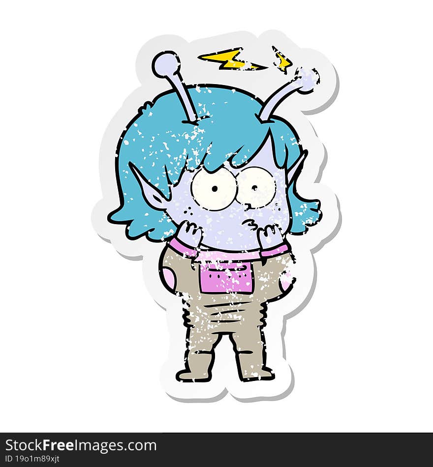 distressed sticker of a cartoon alien girl