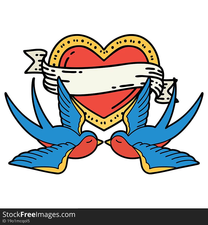 tattoo in traditional style of swallows and a heart with banner. tattoo in traditional style of swallows and a heart with banner