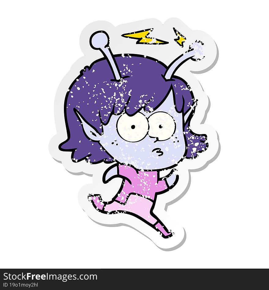 distressed sticker of a cartoon alien girl