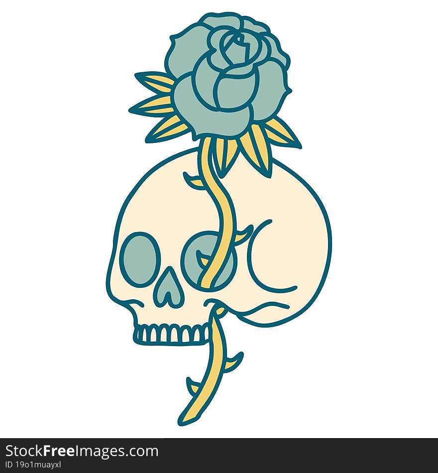 tattoo style icon of a skull and rose