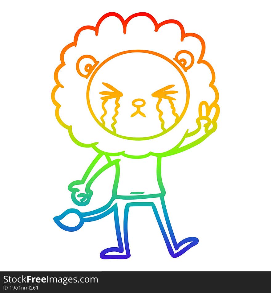 rainbow gradient line drawing cartoon crying lion giving peace sign