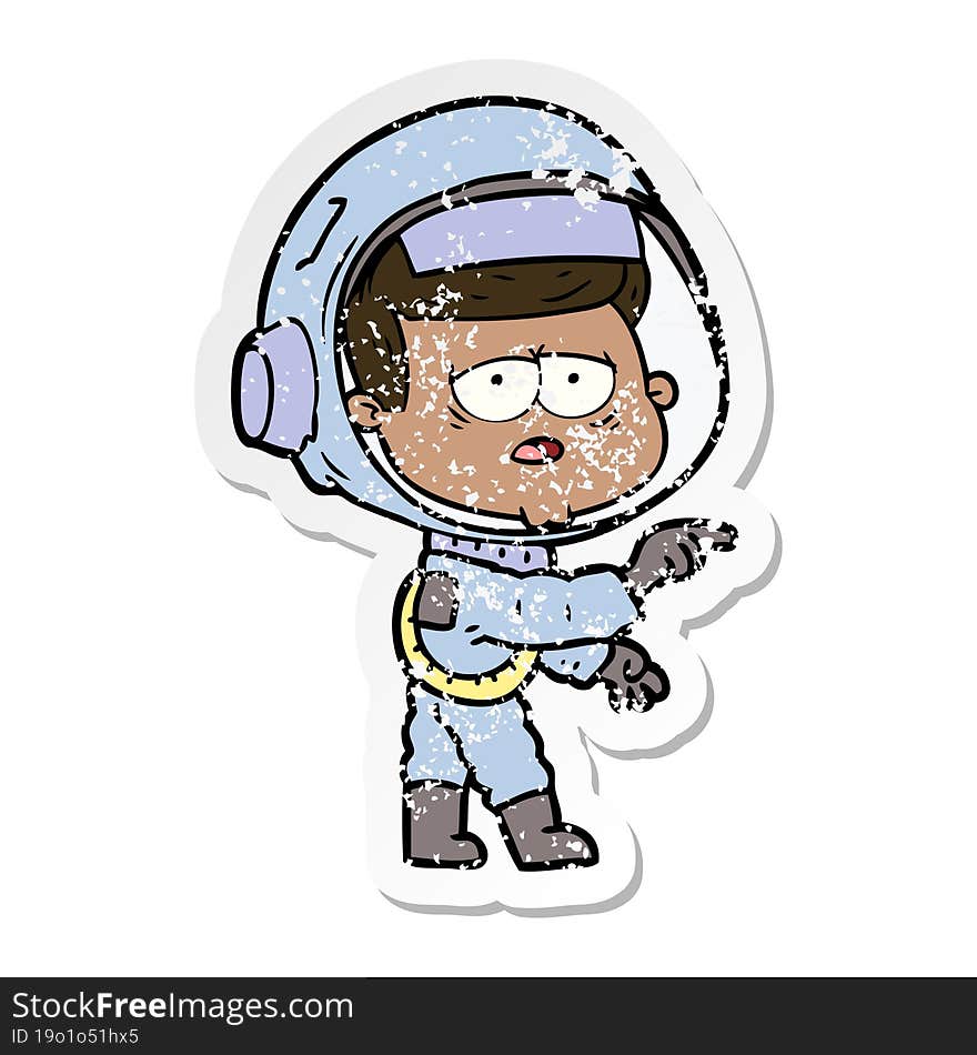 distressed sticker of a cartoon tired astronaut