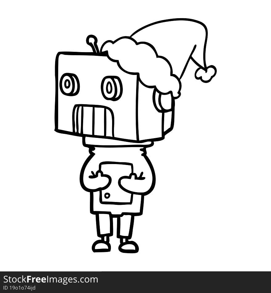 line drawing of a robot wearing santa hat